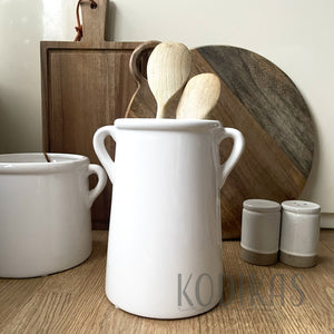 ceramic white utensil jar with handles