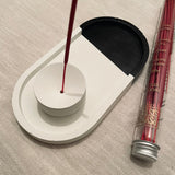 Monochrome concrete oval trinket tray with white concrete incense holder