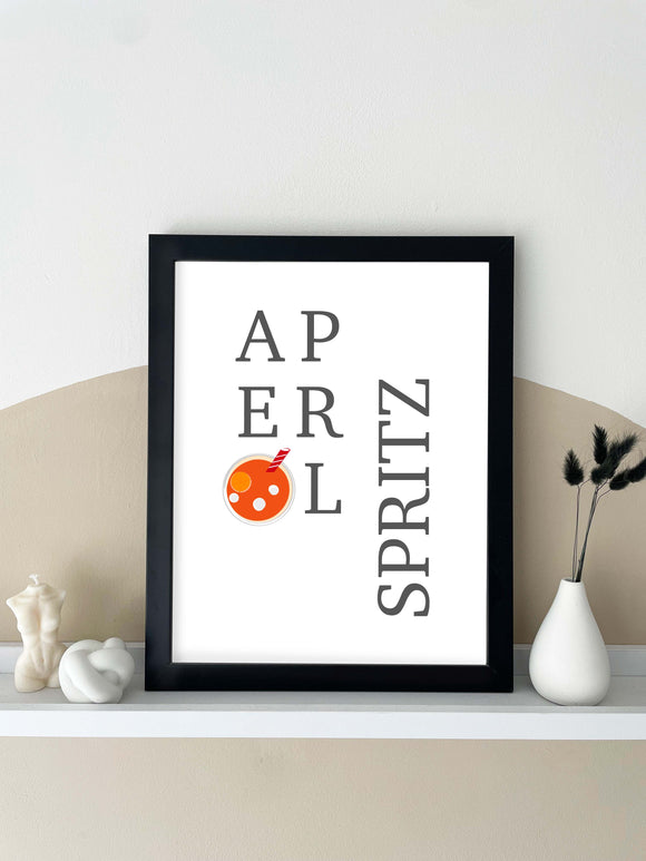 Aperol Spritz Text Cocktail Print. Bud vase with black bunny tails right, body candle and knot ornament to the left