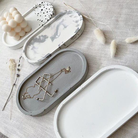 4 concrete oval trinket trays. Dalmatian print, marble, grey and white 