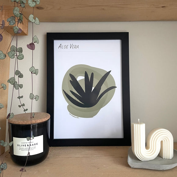 Wall Print decor Aloe vera Houseplant Black with green background in black frame