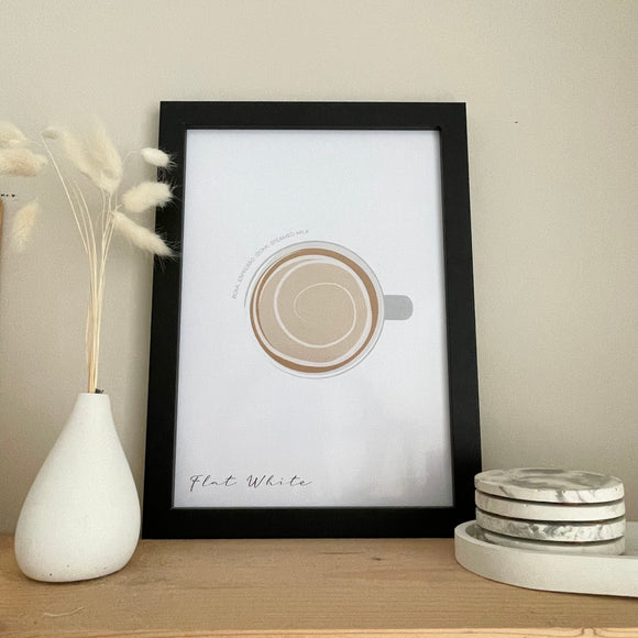 Flat white coffee wall print poster. Recipe around the edge. A4 in black frame.  Marble concrete coasters to the right, white concrete bud vase with bunny tails to the left 