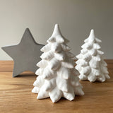 Christmas tree decor. White concrete trees next to concrete freestanding star ornament