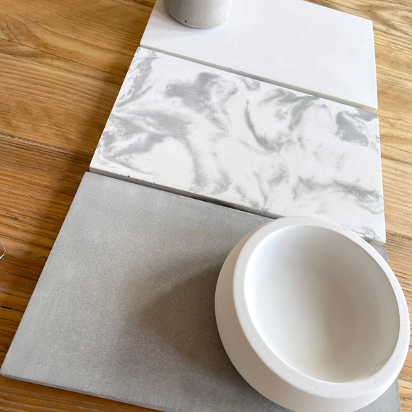 Large rectangle concrete trays in white, marble and grey